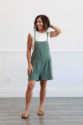 Washed Gauze Tie Back Rompers in Ash Jade