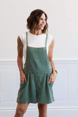 Washed Gauze Tie Back Rompers in Ash Jade