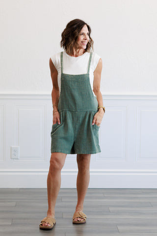 Washed Gauze Tie Back Rompers in Ash Jade