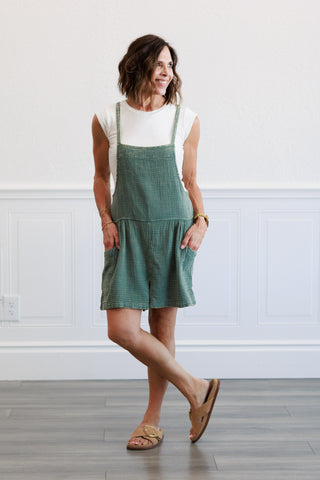 Washed Gauze Tie Back Rompers in Ash Jade