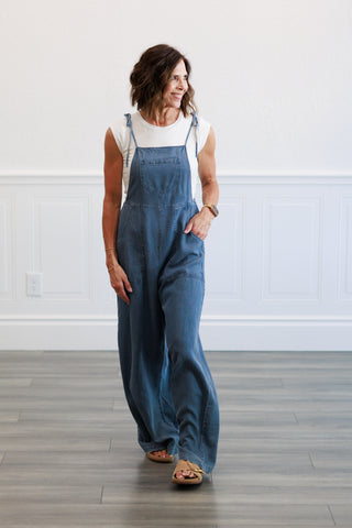 Tie Shoulder Soft Denim Jumpsuit