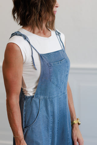Tie Shoulder Soft Denim Jumpsuit