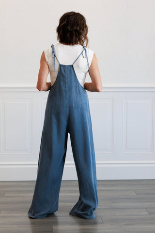 Tie Shoulder Soft Denim Jumpsuit