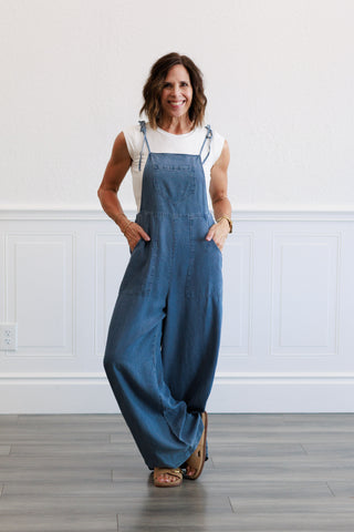 Tie Shoulder Soft Denim Jumpsuit