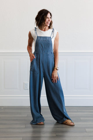Tie Shoulder Soft Denim Jumpsuit