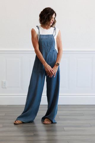 Tie Shoulder Soft Denim Jumpsuit