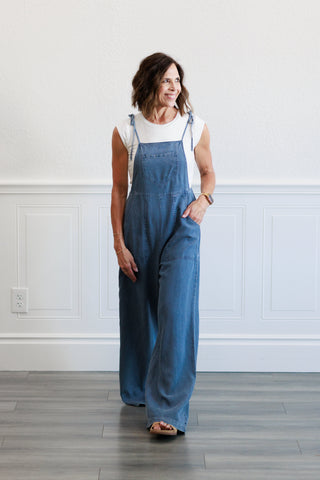 Tie Shoulder Soft Denim Jumpsuit