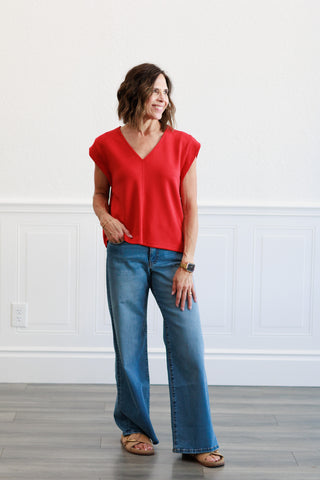 Solid Cap Sleeve Top in Red