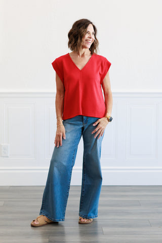 Solid Cap Sleeve Top in Red