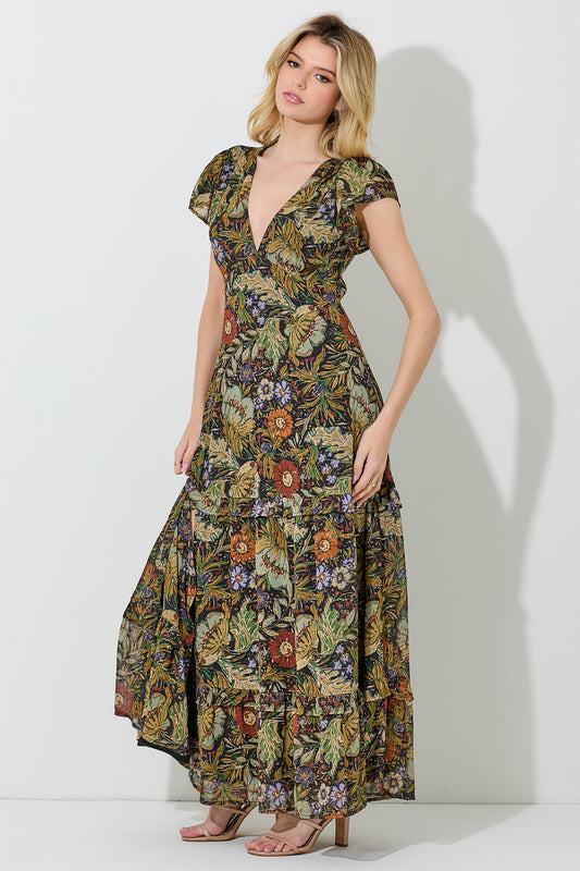 Floral Printed Maxi Dress in Black