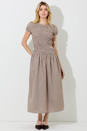 Gingham Smock Midi Dress in Brown