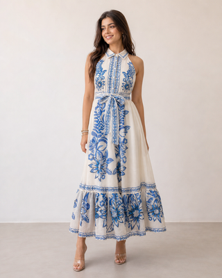 Blue Odyssey Halter Maxi Dress