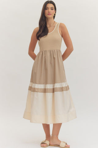 Contrast Trim Midi Dress in Tan