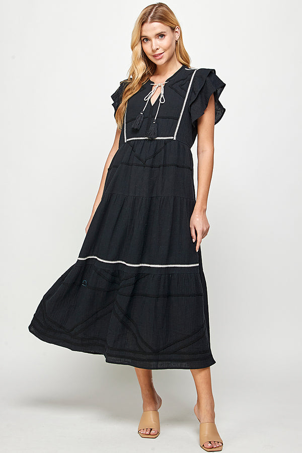 Embroidered Trim Detail Dress in Black