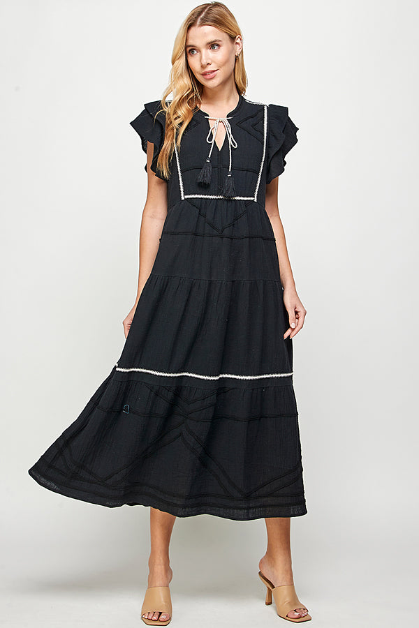 Embroidered Trim Detail Dress in Black