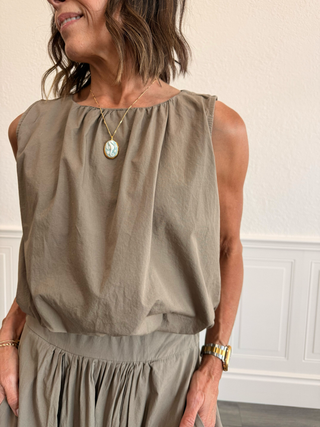 Cotton Poplin Sleeveless Bubble Top in Mocha