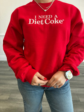 I Need A Diet Coke Embroidered Crewneck in Red