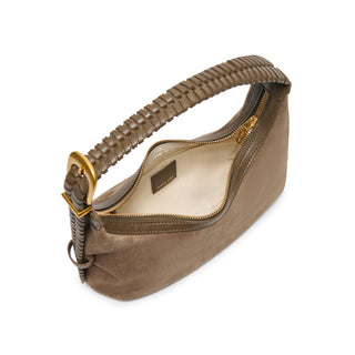 Zamora Suede Crescent Shoulder Bag in Dark Taupe – Women's Suede Bag by Dolce Vita