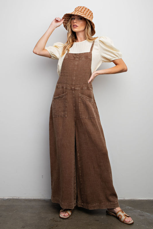 Vintage Washed Cotton Jumpsuit in Choco Brown