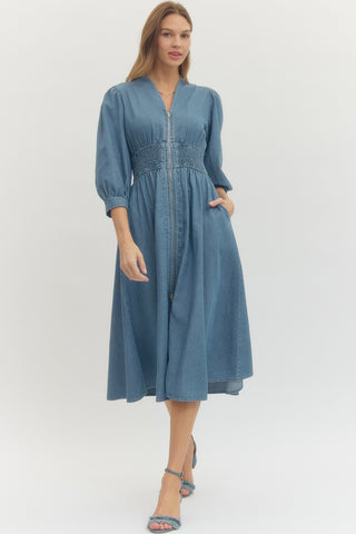 Soft Denim Smock Waist Dress