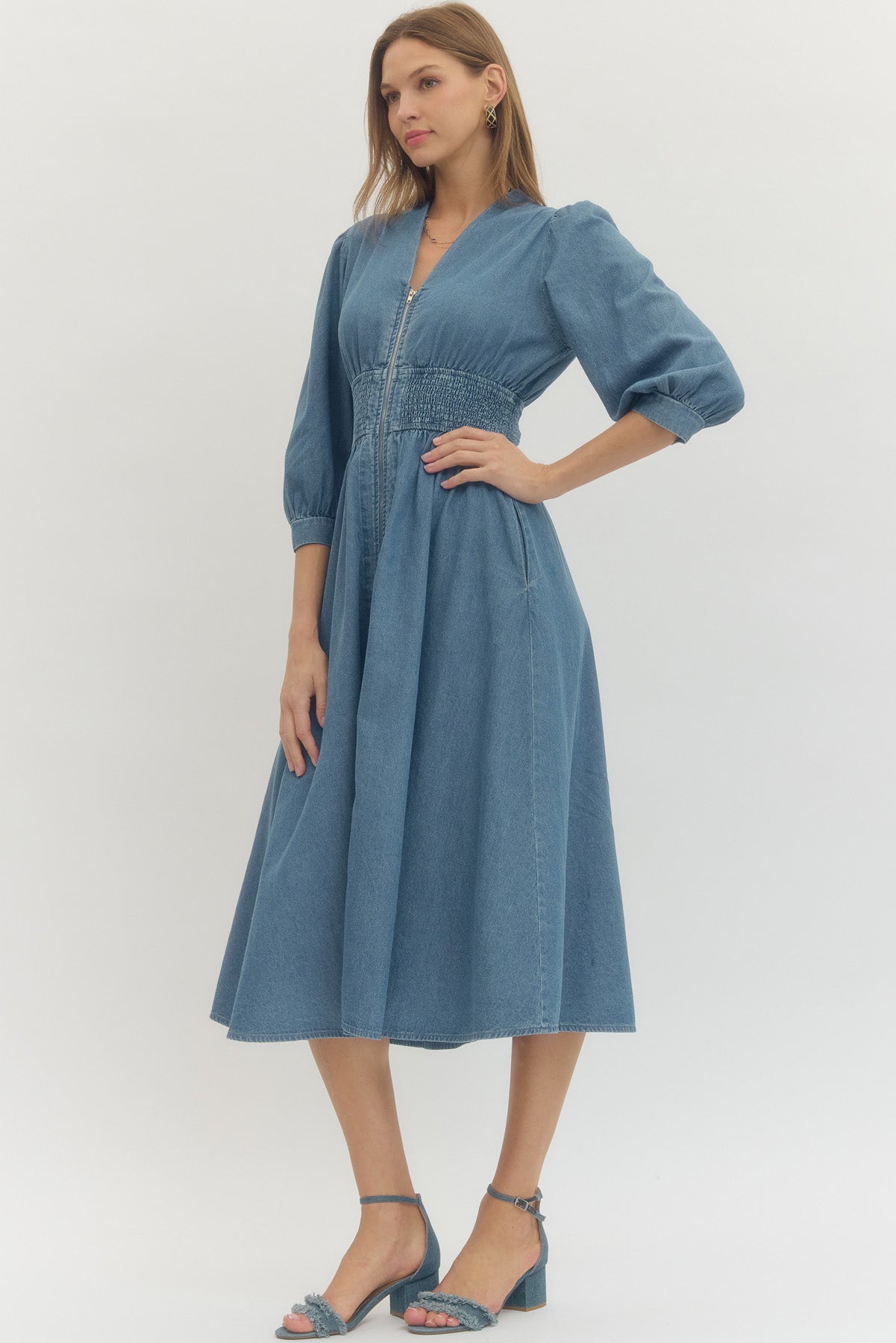 Soft Denim Smock Waist Dress