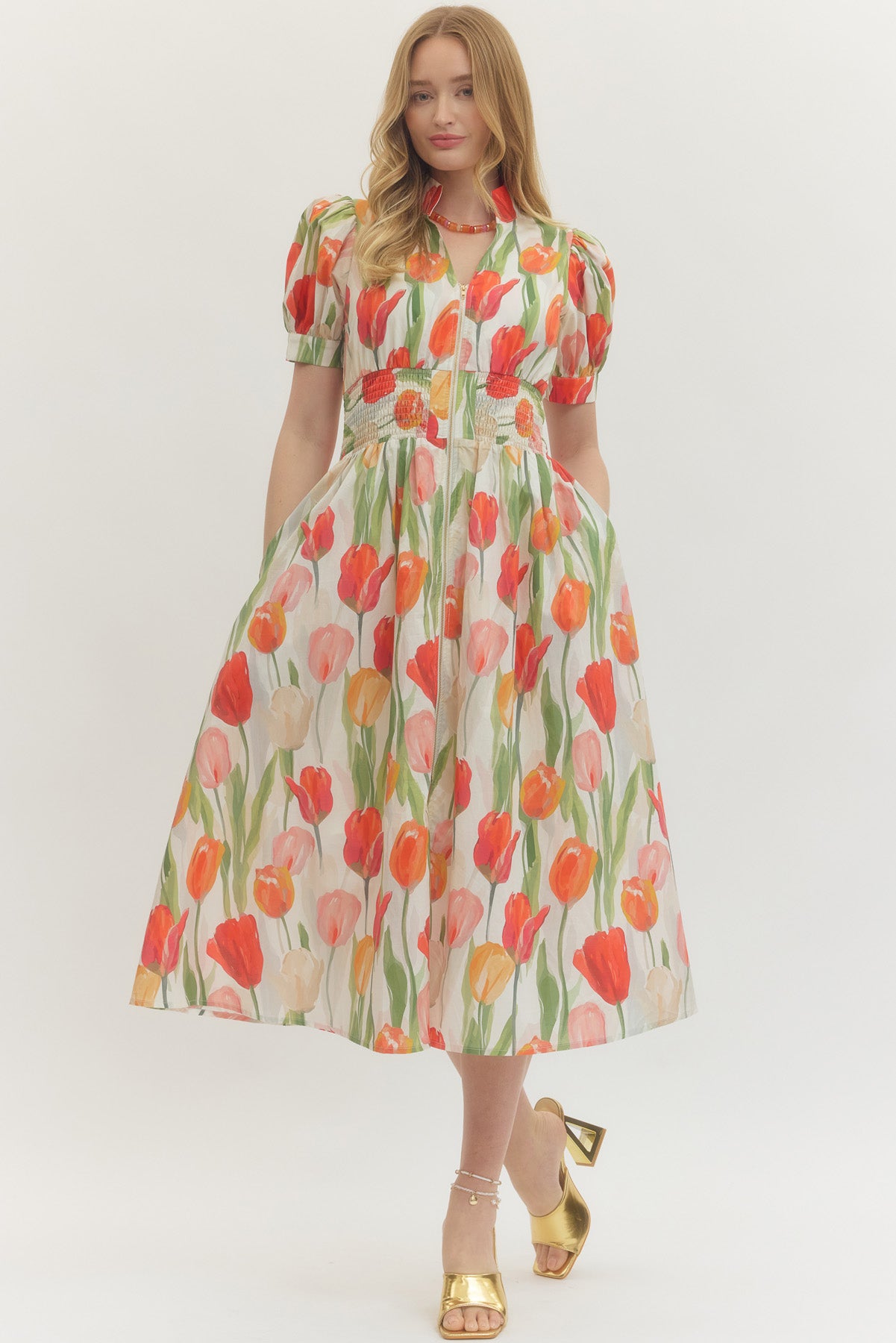 Tulip Smock Waist Midi Dress