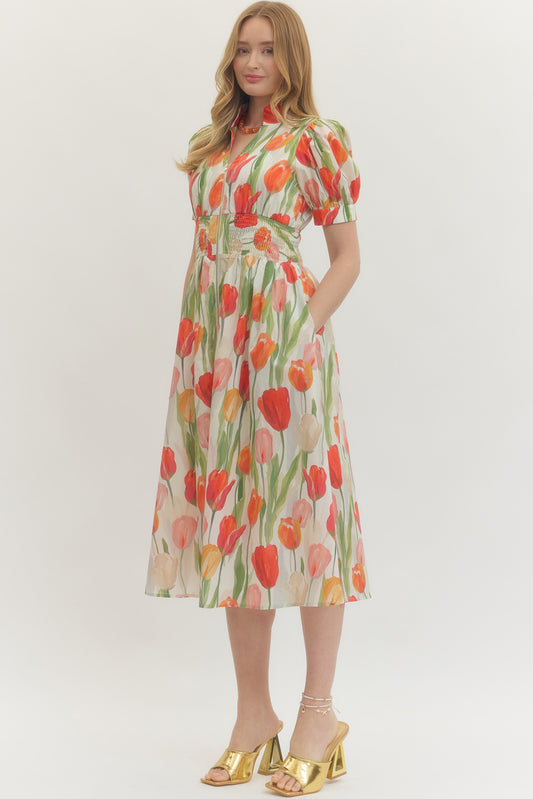 Tulip Smock Waist Midi Dress