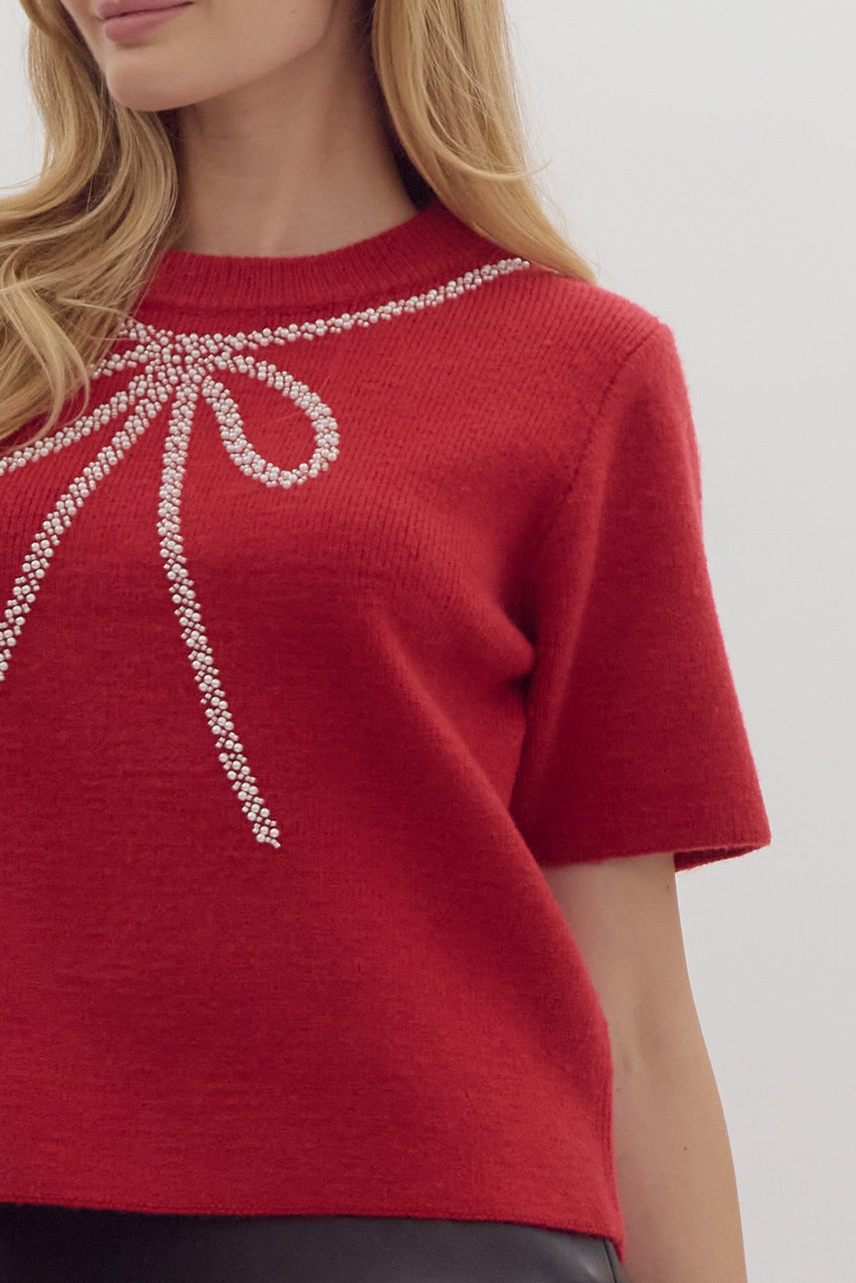 Pearl Bow Sweater in Red