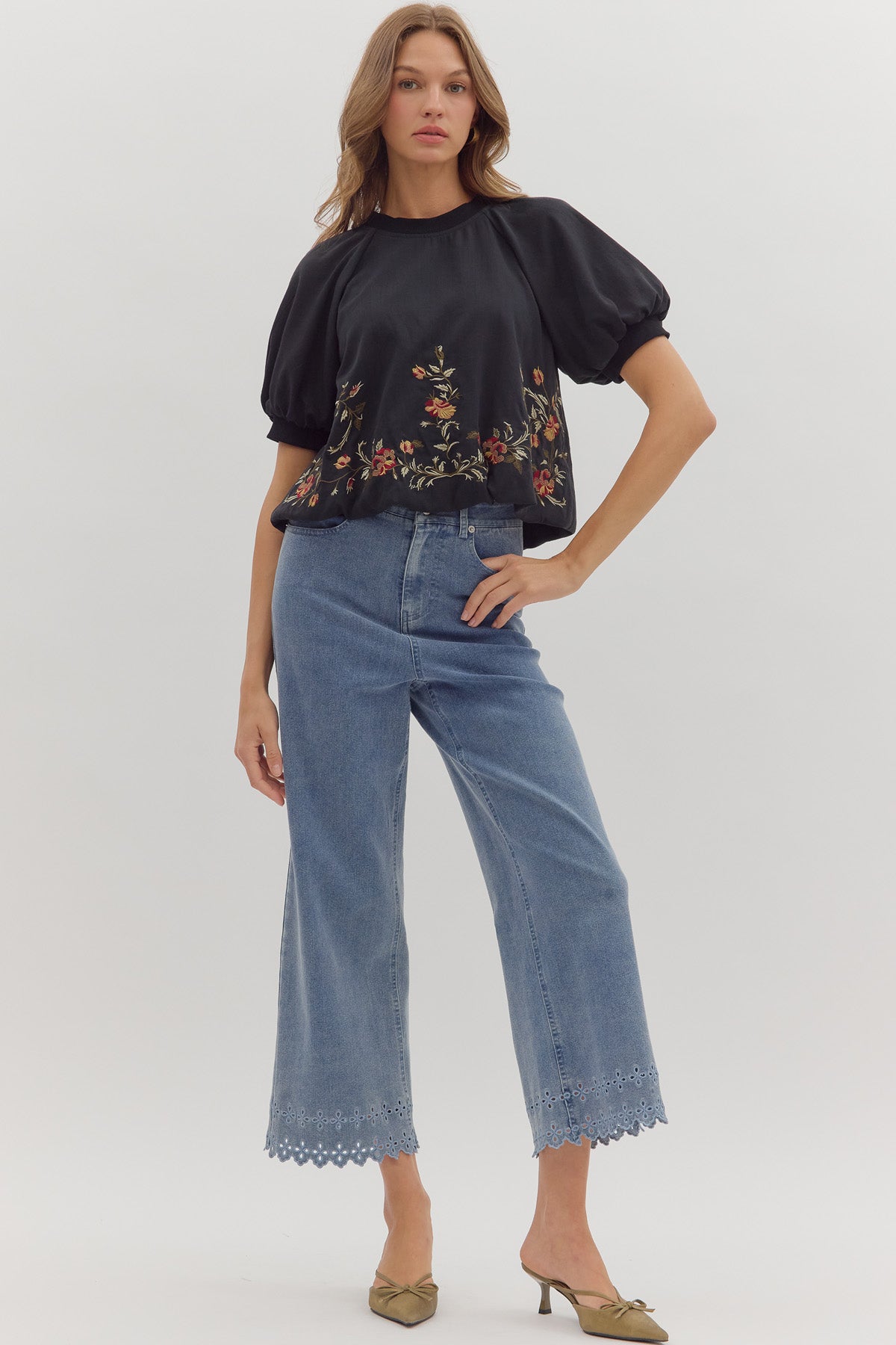 Embroidered Hem Top in Black