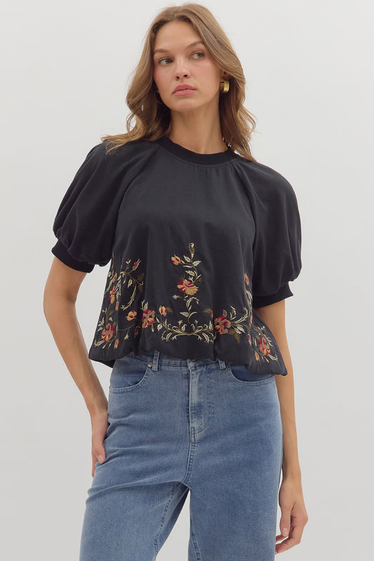 Embroidered Hem Top in Black
