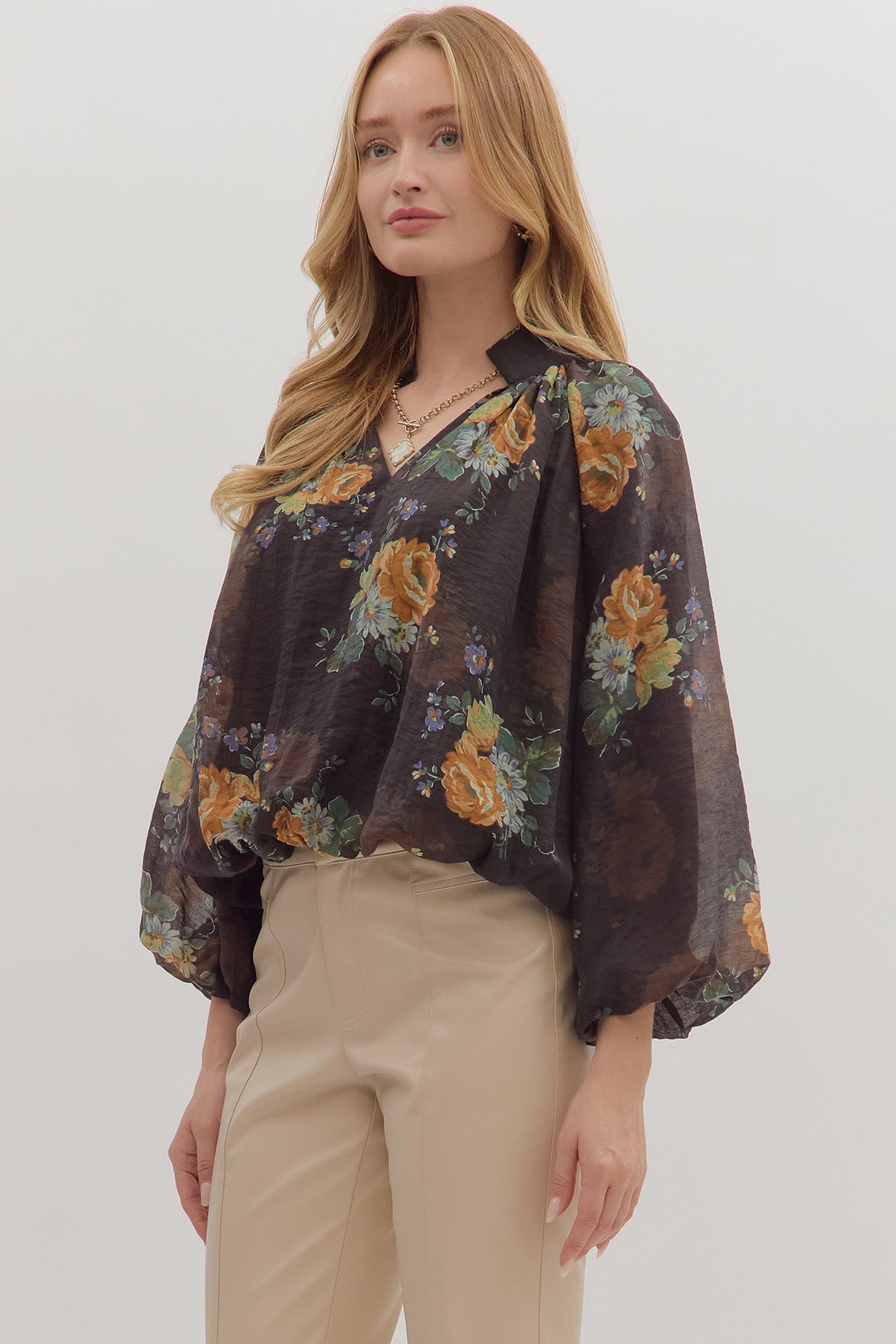 Floral Balloon Sleeve Top