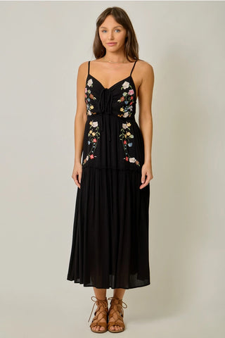 Embroidered Boho Midi Dress in Black