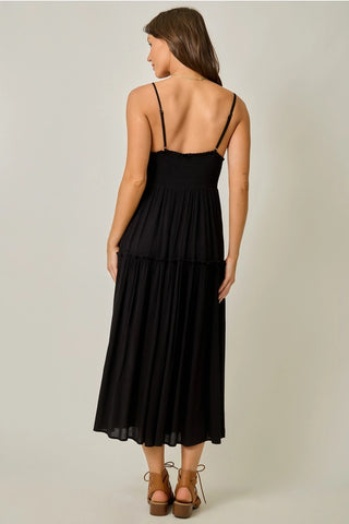 Embroidered Boho Midi Dress in Black