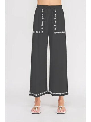 Embroidered Linen Elastic Tie-Waist Ankle Pants
