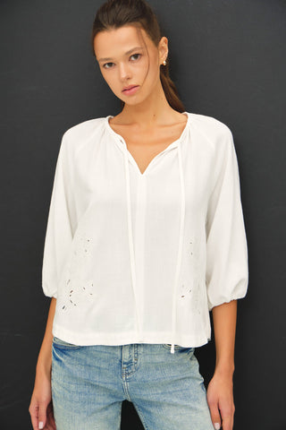 Embroidered Peasant Top in Off White
