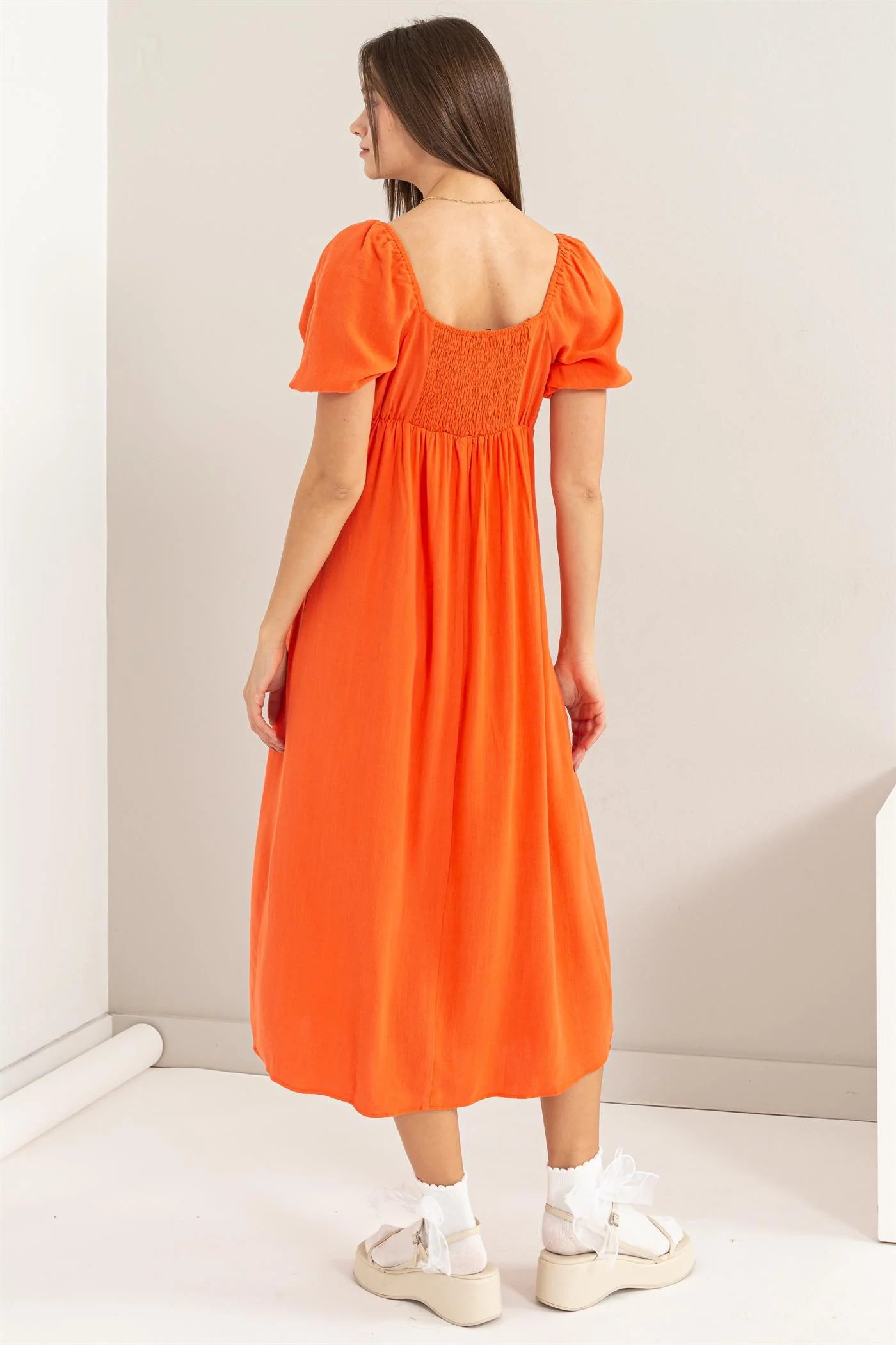 Puff Sleeve Midi Dress in Orange Red