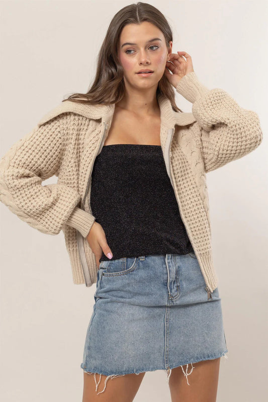 Chunky Front Zip Sweater in Beige Buff