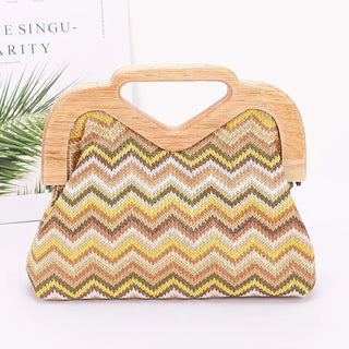 Faux Straw Wood Frame Clutch in Brown