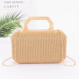 Faux Straw Wood Frame Handle Bag