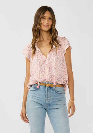 Floral Smocked Flutter Top in Vanilla Dusty Rose
