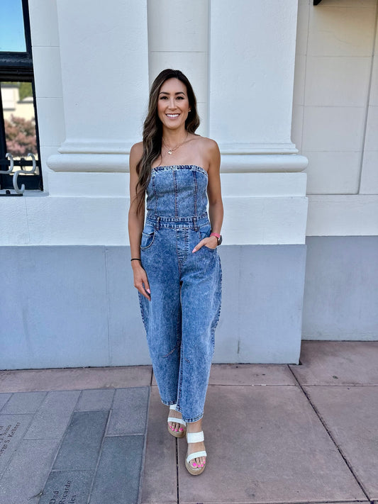 Strapless Barrel Denim Jumpsuit