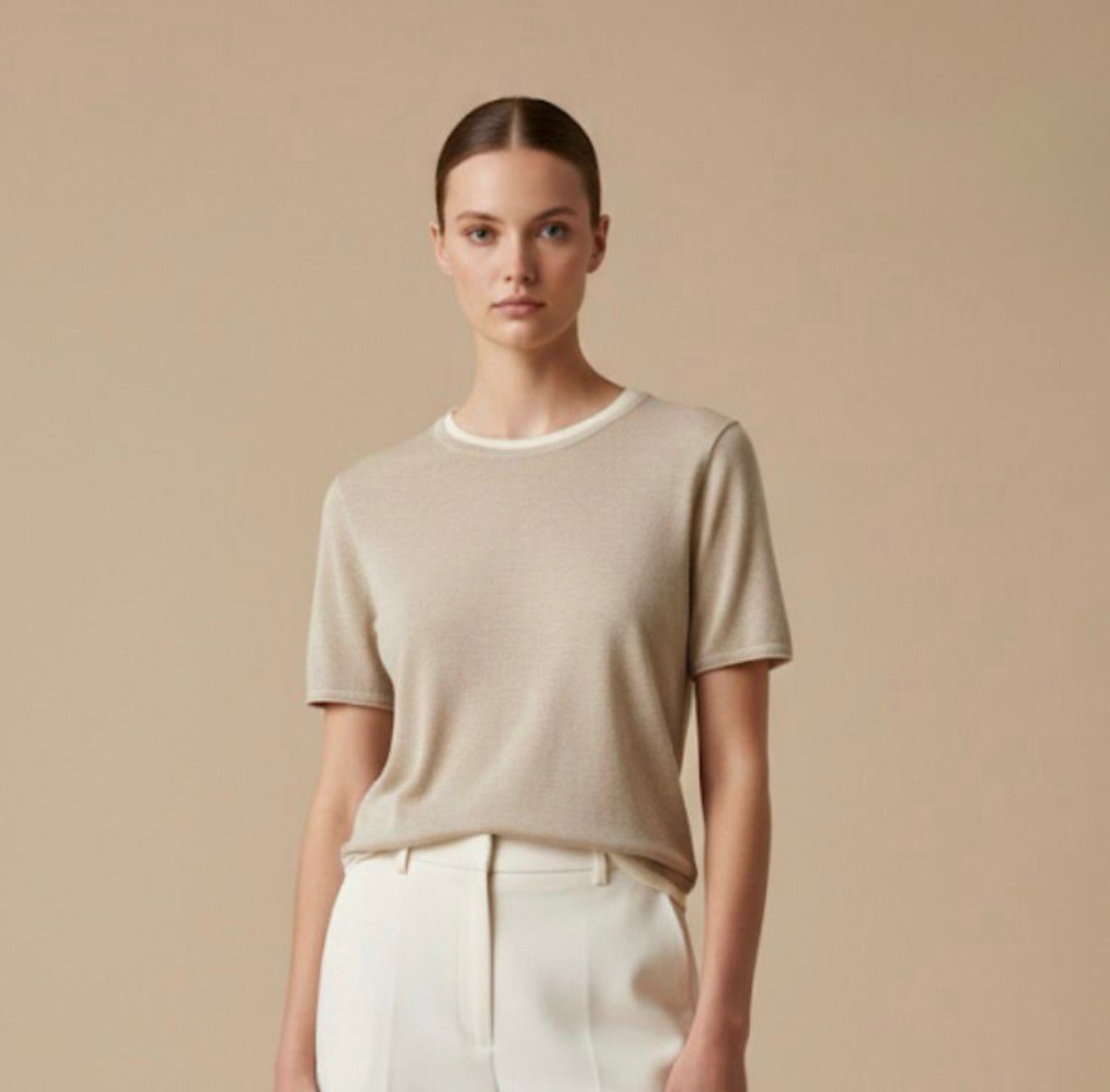 Contrast Neck Knit Top in Taupe