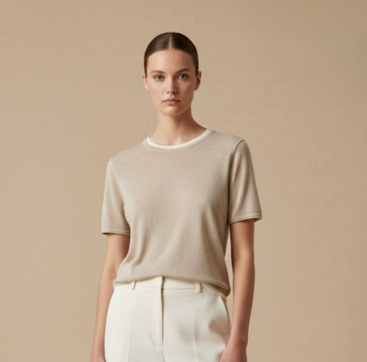 Contrast Neck Knit Top in Taupe