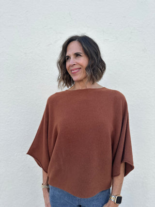 Crew Neck Batwing Sleeve Knit Top in Tobacco