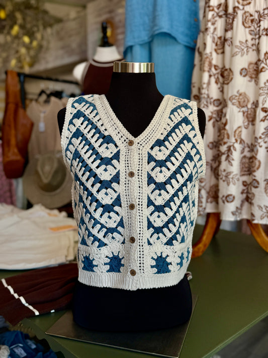 Blue/Cream Button Down Crochet Vest