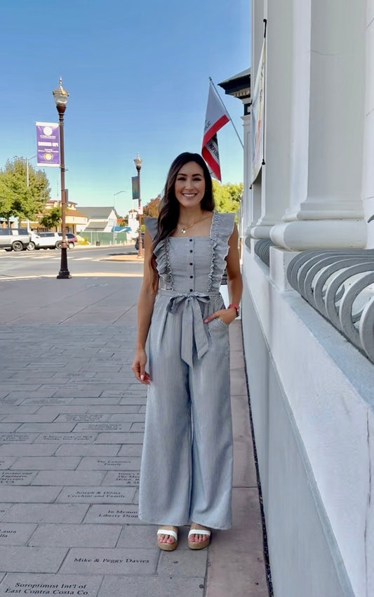Striped Jumpsuit With Ruffle Details in Navy