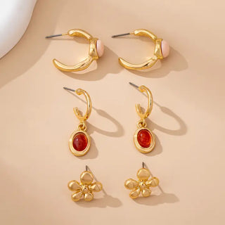 Gold Floral & Gem Drop Hoop Trio Earring Set