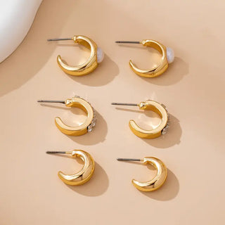 Gold Pearl & Baguette Huggie Hoop Trio Earring Set