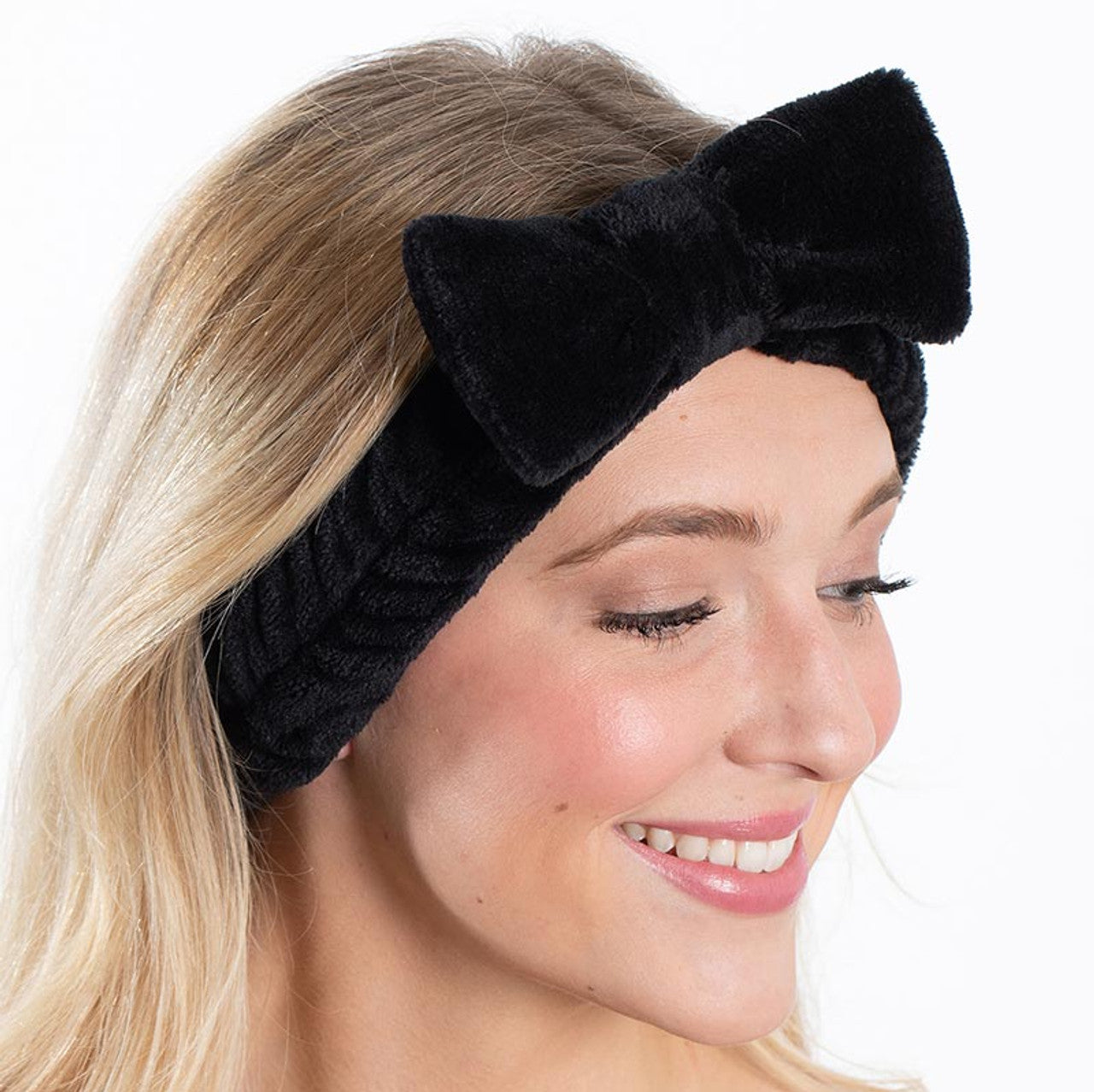 Plush Bow Spa Headband in Black