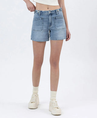 High Rise Waistband Cuffed Denim Shorts
